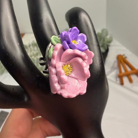 Floral Pink and Purple Ring from polymer clay - Picture 2 of 8